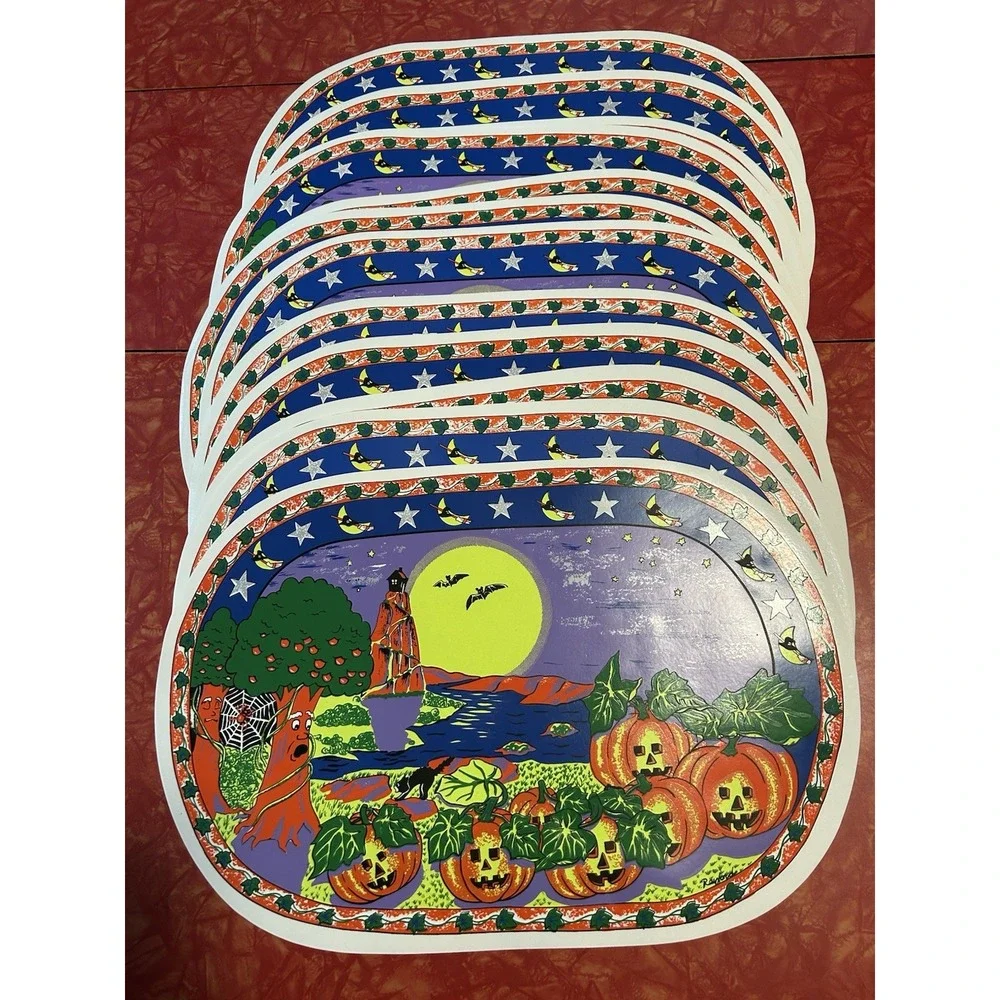 Vintage Vinyl Halloween Placemats Pumpkin‎ Patch Glow In The Dark Set Of 12